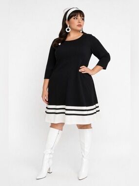 Eliza J Black and White Striped 3/4 Length Sleeve Retro A-Line Shift Dress 24W